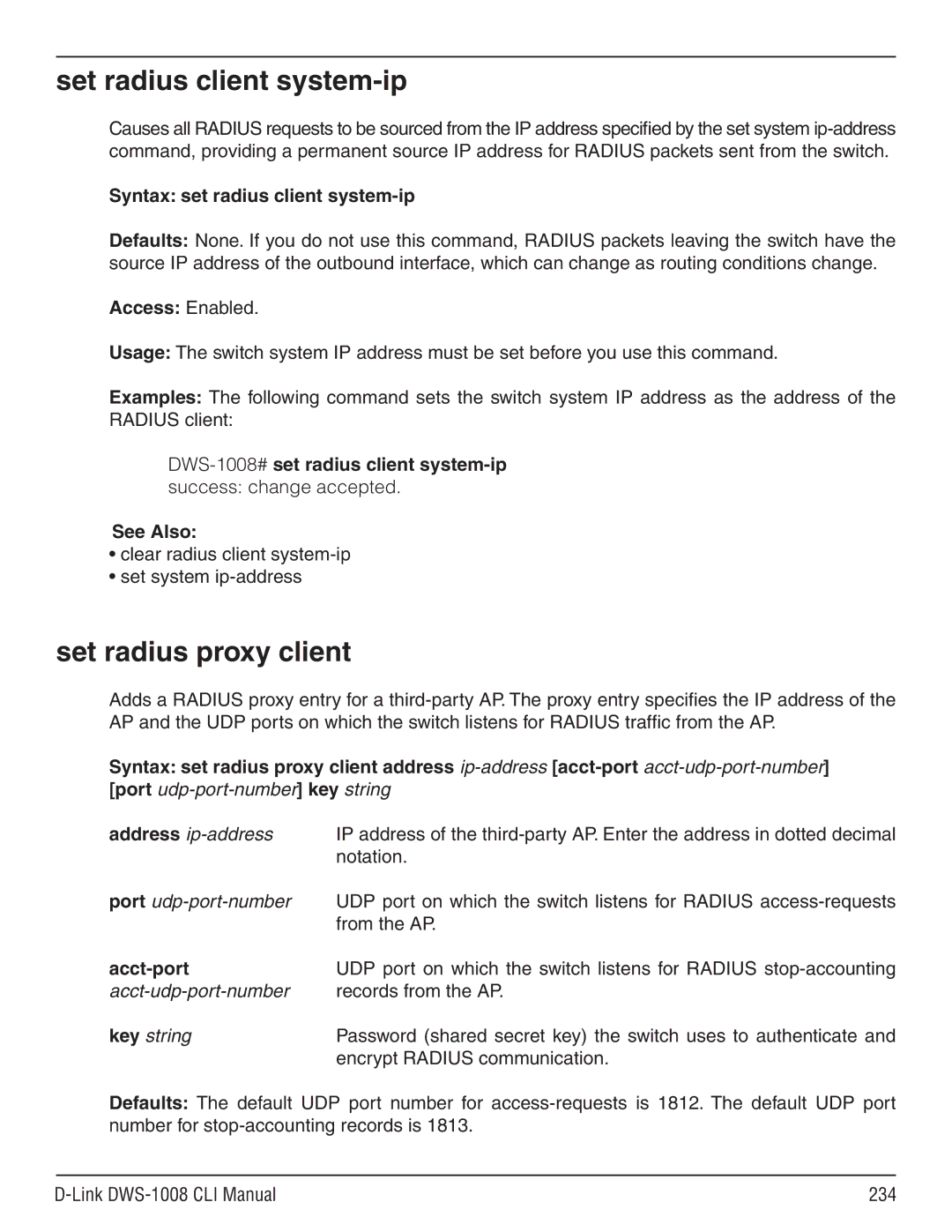 D-Link dws-1008 manual Set radius client system-ip, Set radius proxy client, Syntax set radius client system-ip, Acct-port 