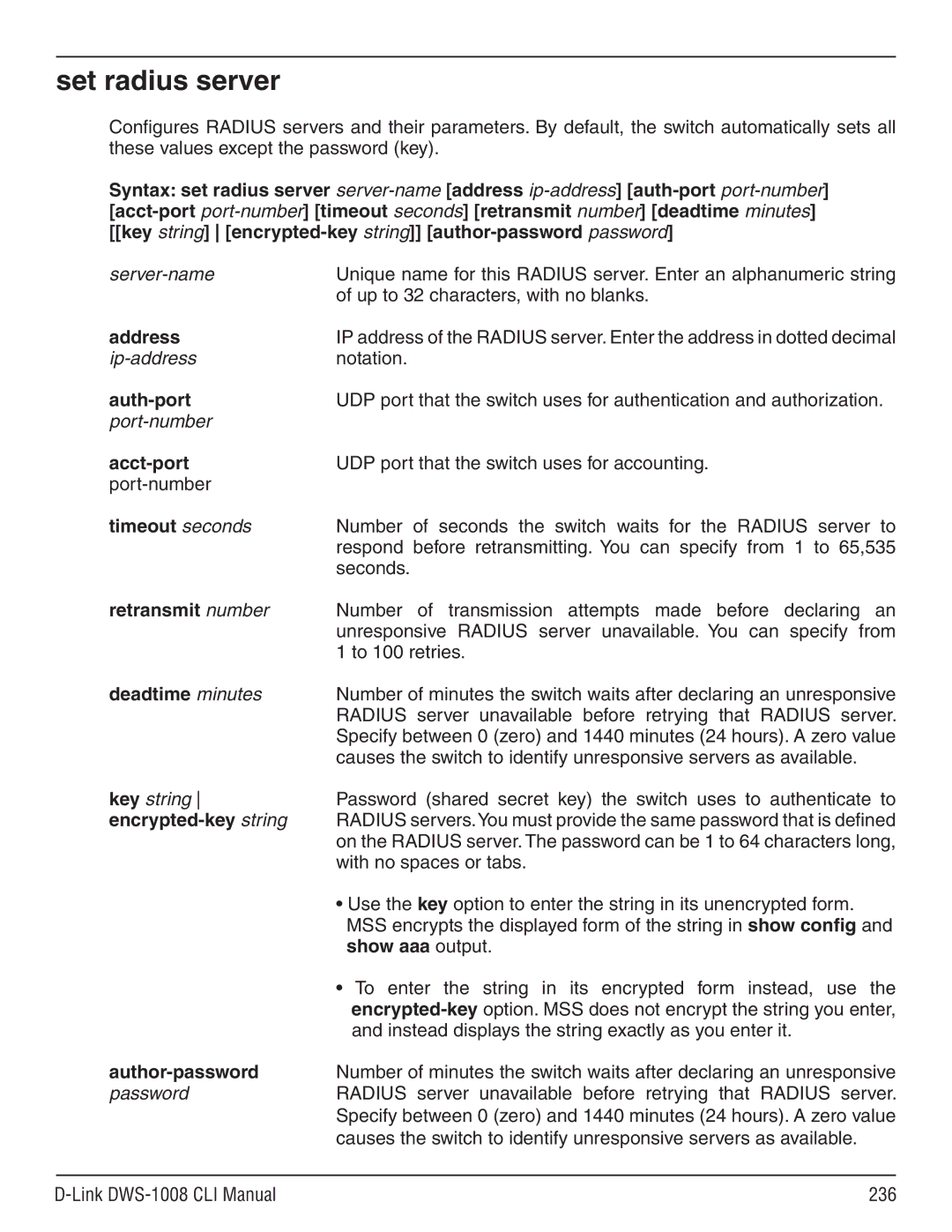 D-Link dws-1008 manual Set radius server, Address, Auth-port, Show aaa output, Author-password 
