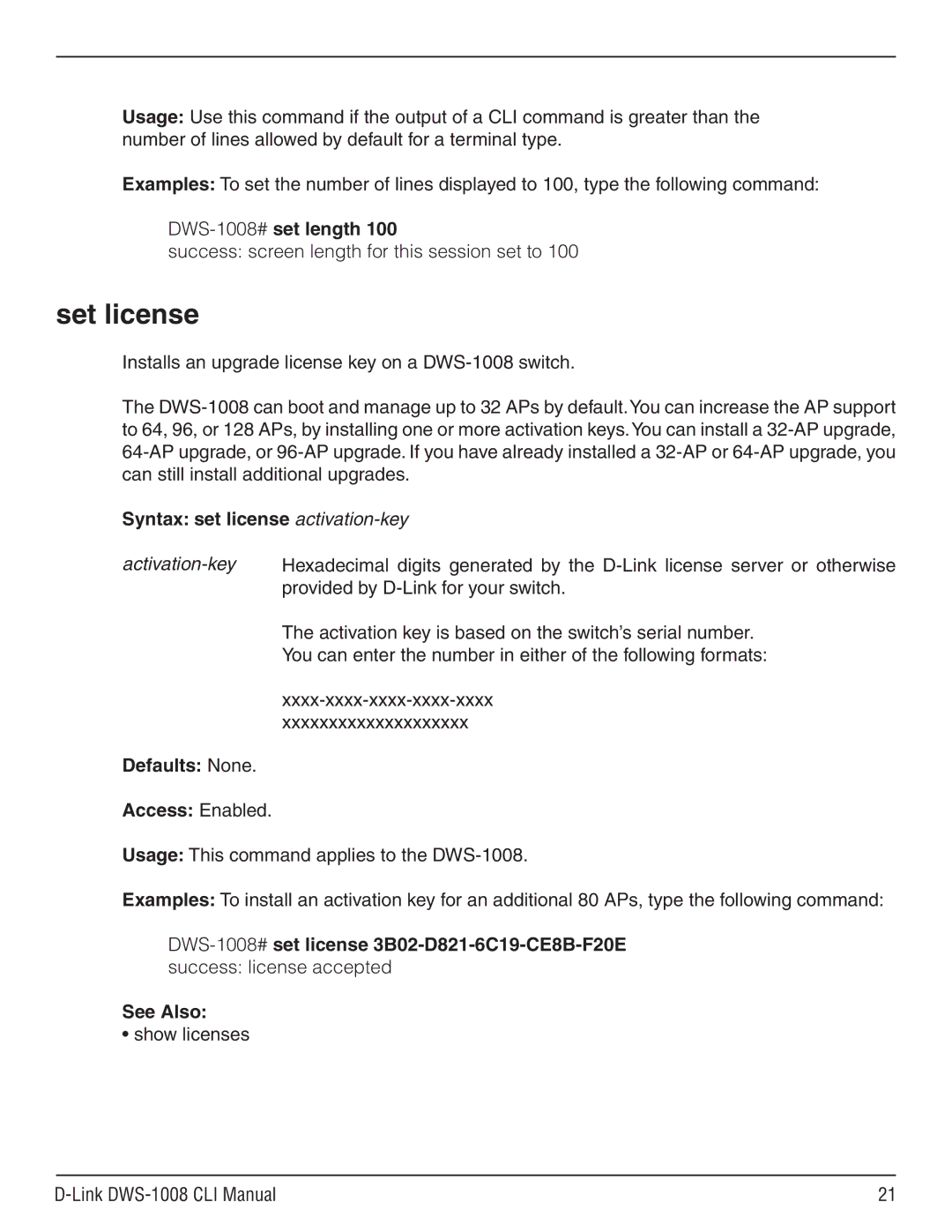 D-Link dws-1008 manual Set license, DWS-1008#set length, Syntax set license activation-key, Activation-key, See Also 