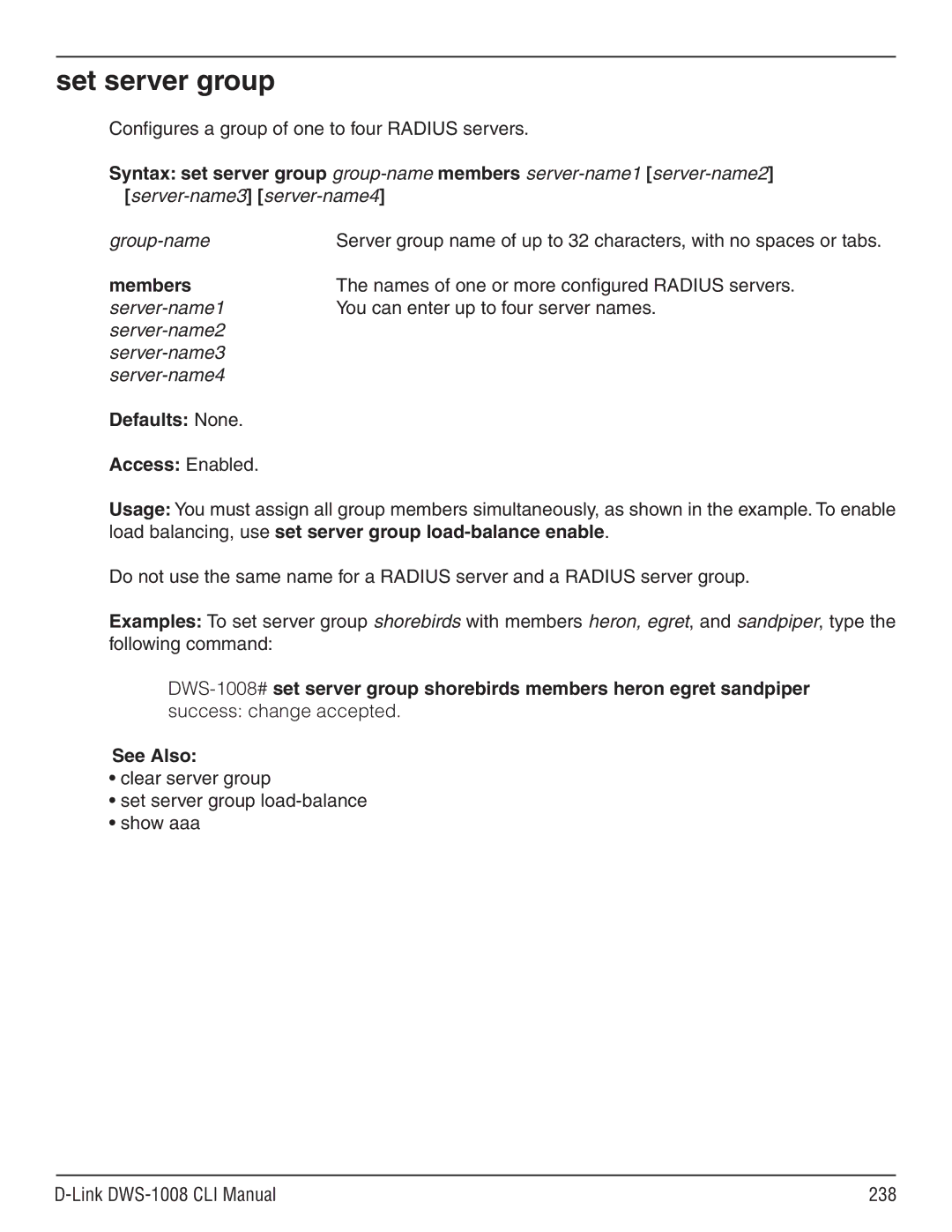 D-Link dws-1008 manual Set server group, Configures a group of one to four Radius servers, Members 