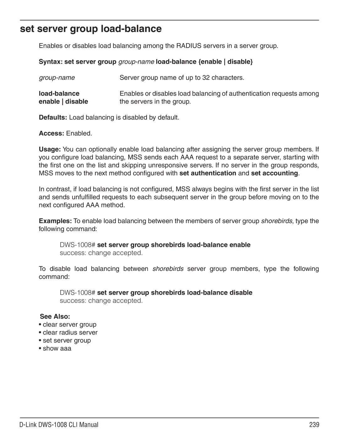 D-Link dws-1008 manual Set server group load-balance, Group-name Server group name of up to 32 characters, Enable disable 