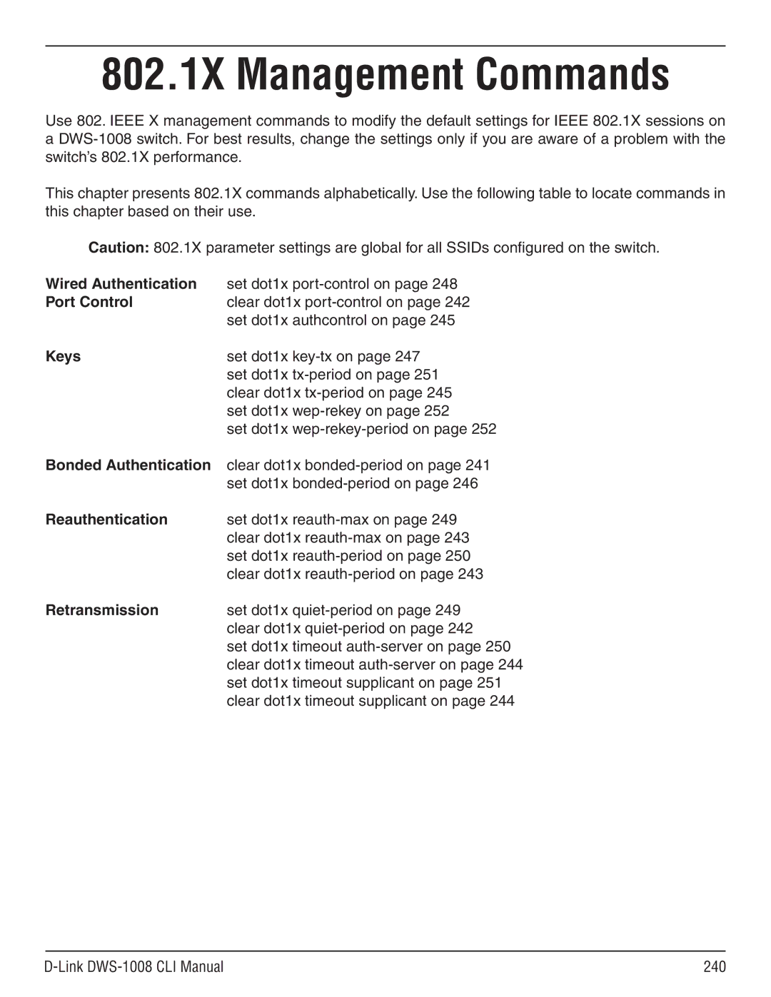 D-Link dws-1008 manual Wired Authentication, Port Control, Keys, Bonded Authentication, Reauthentication, Retransmission 