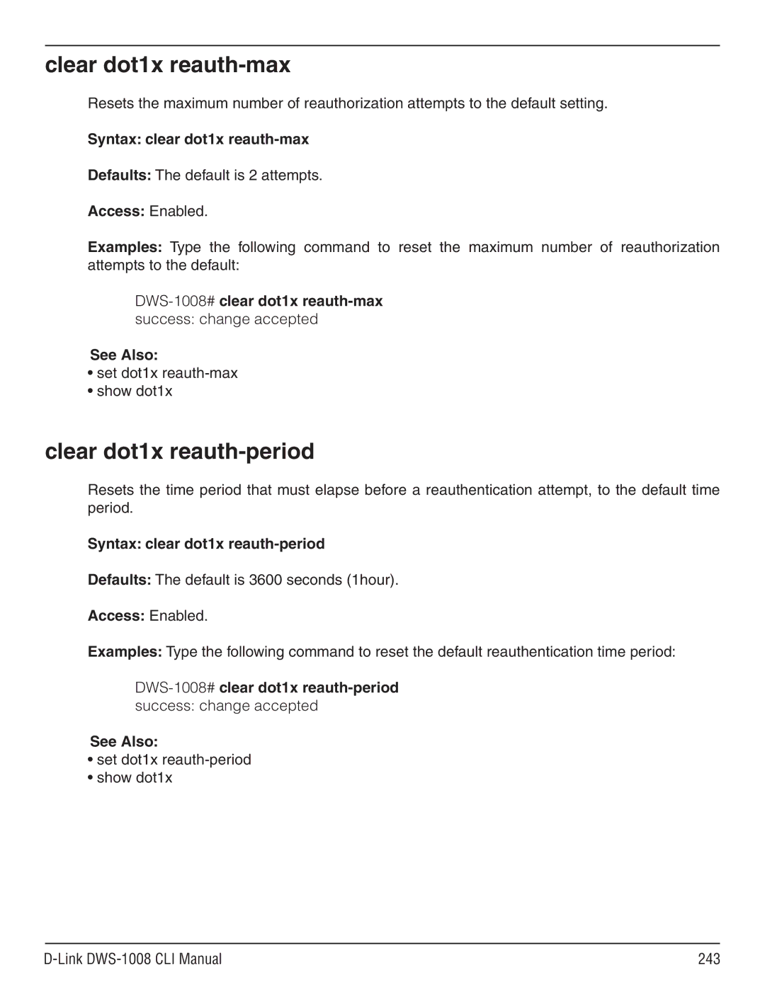 D-Link dws-1008 manual Clear dot1x reauth-max, Clear dot1x reauth-period, Syntax clear dot1x reauth-max 