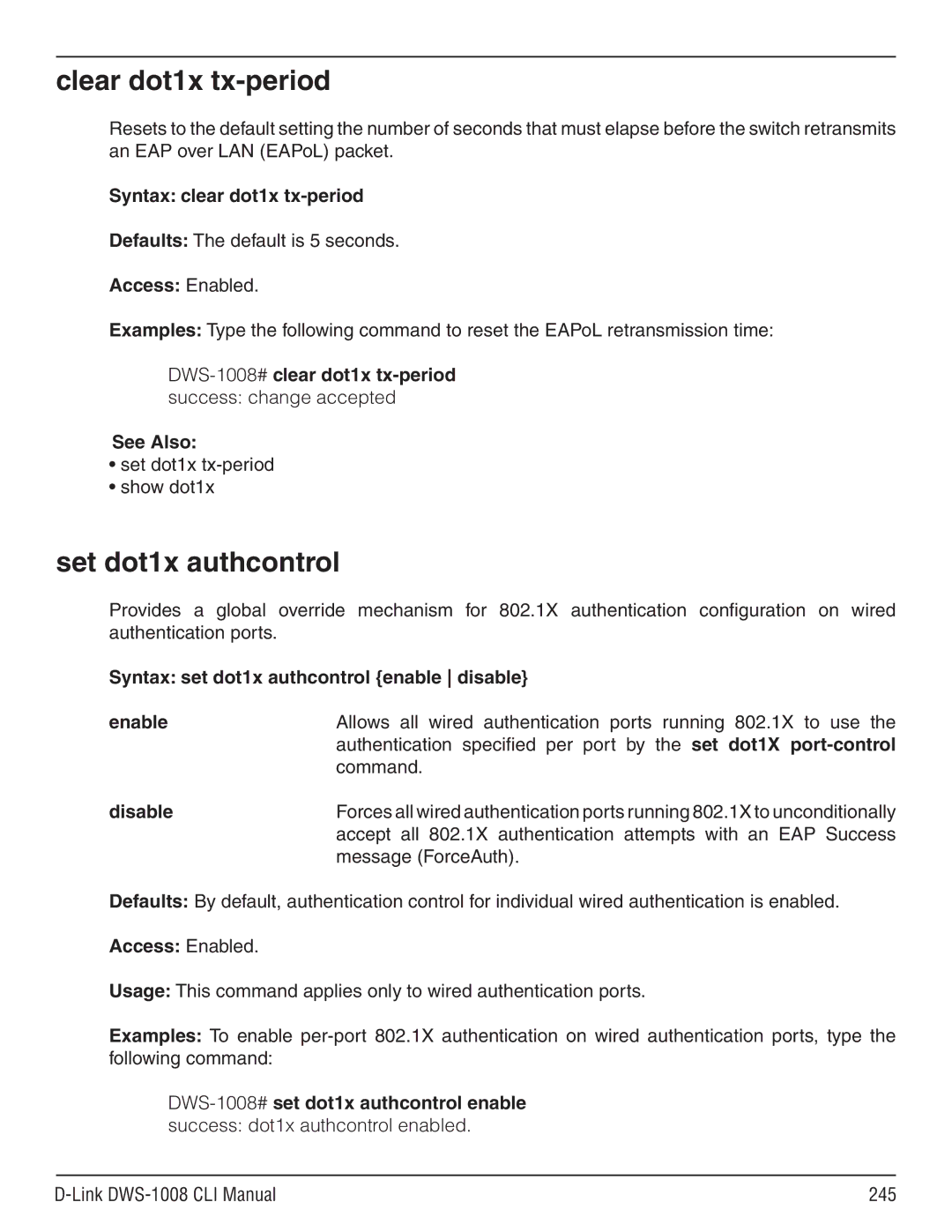 D-Link dws-1008 manual Clear dot1x tx-period, Set dot1x authcontrol, Syntax clear dot1x tx-period 