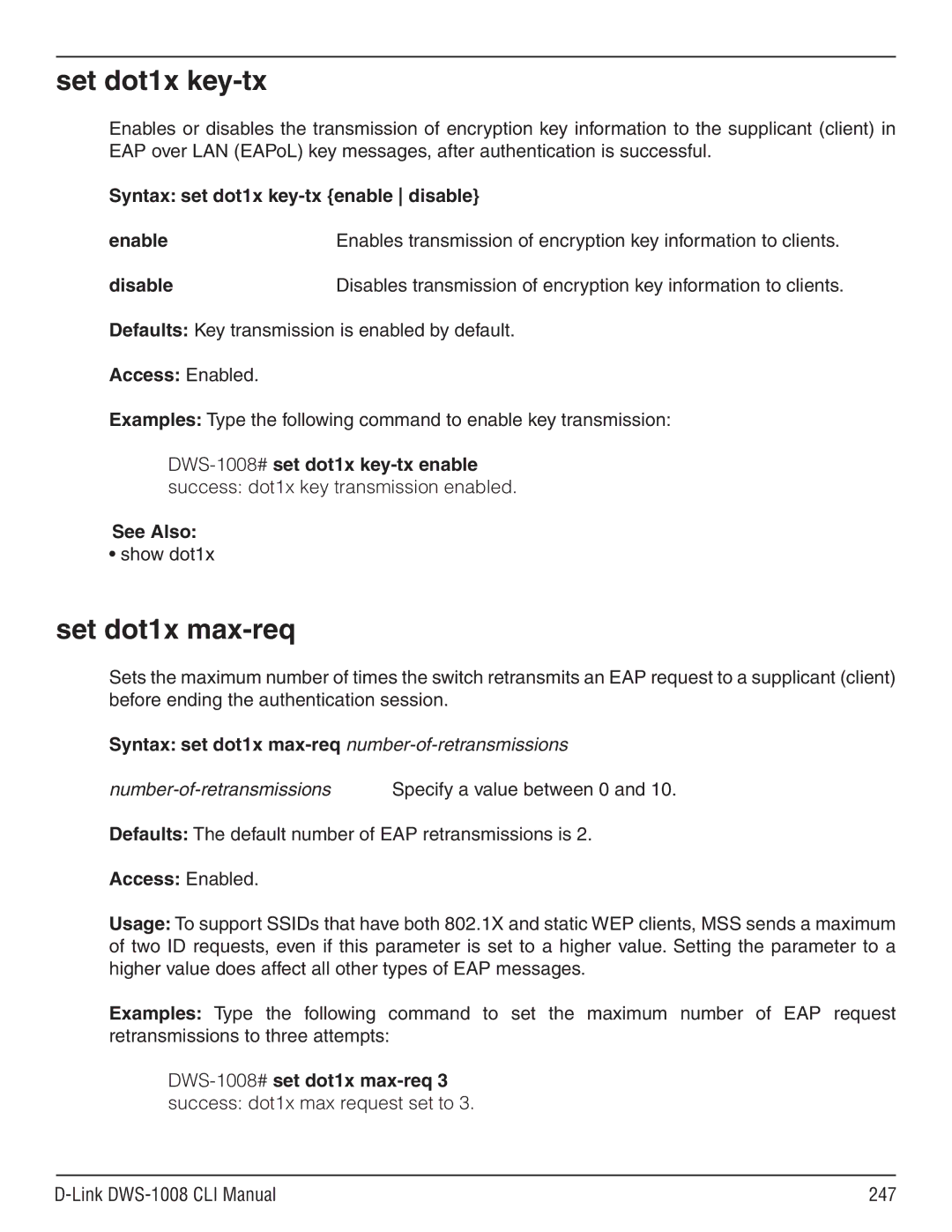 D-Link dws-1008 manual Set dot1x key-tx, Set dot1x max-req, Syntax set dot1x key-tx enable disable Enable 