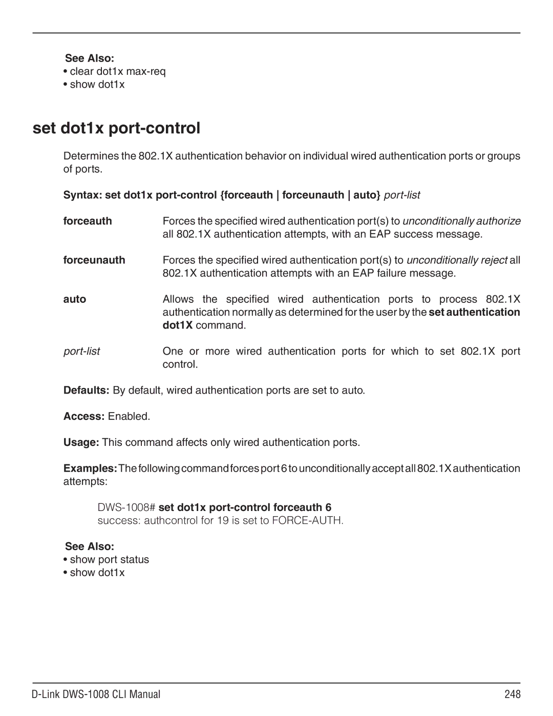 D-Link dws-1008 manual Set dot1x port-control, Clear dot1x max-req Show dot1x 