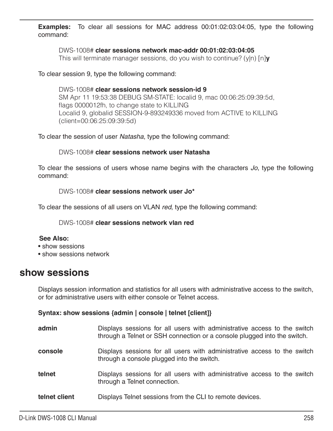 D-Link dws-1008 manual Show sessions 