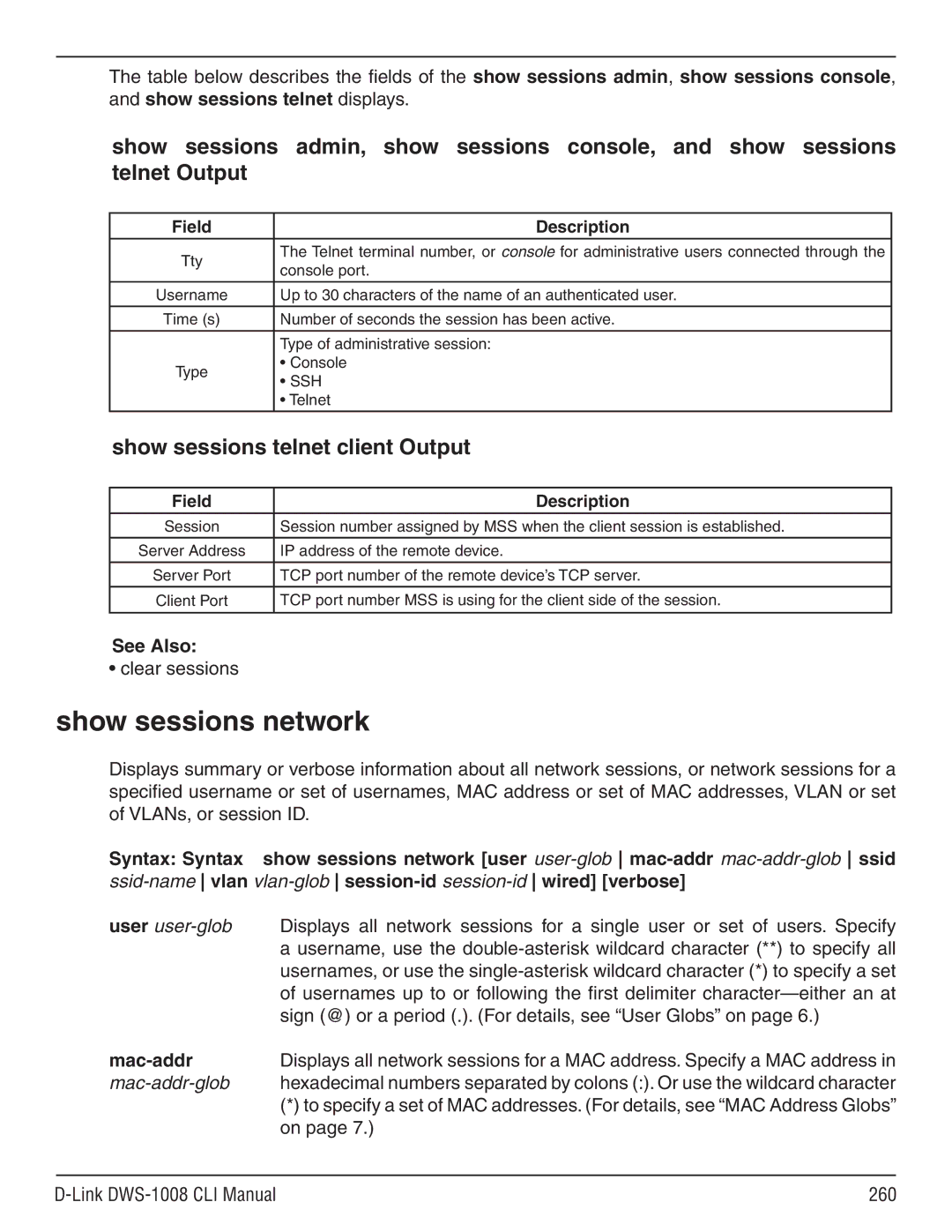 D-Link dws-1008 manual Show sessions network, Clear sessions, Mac-addr, Link DWS-1008 CLI Manual 260 