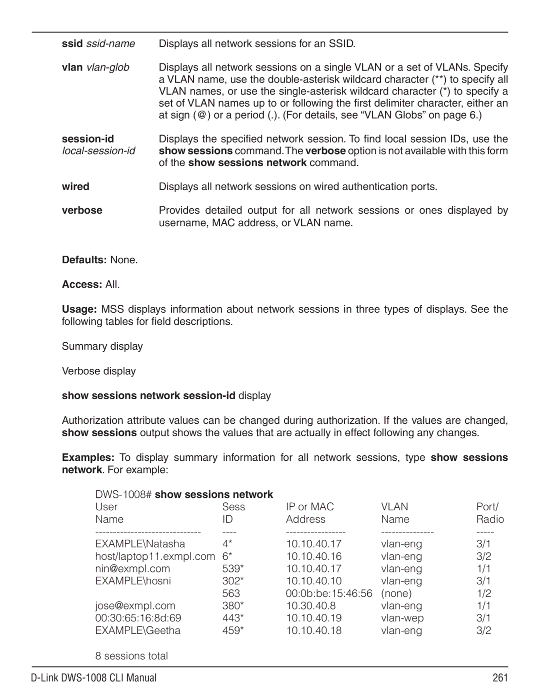 D-Link dws-1008 manual Session-id, Show sessions network command, Verbose, Show sessions network session-id display 