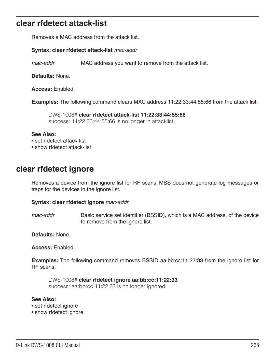 D-Link dws-1008 manual Clear rfdetect attack-list, Clear rfdetect ignore, Syntax clear rfdetect attack-list mac-addr 