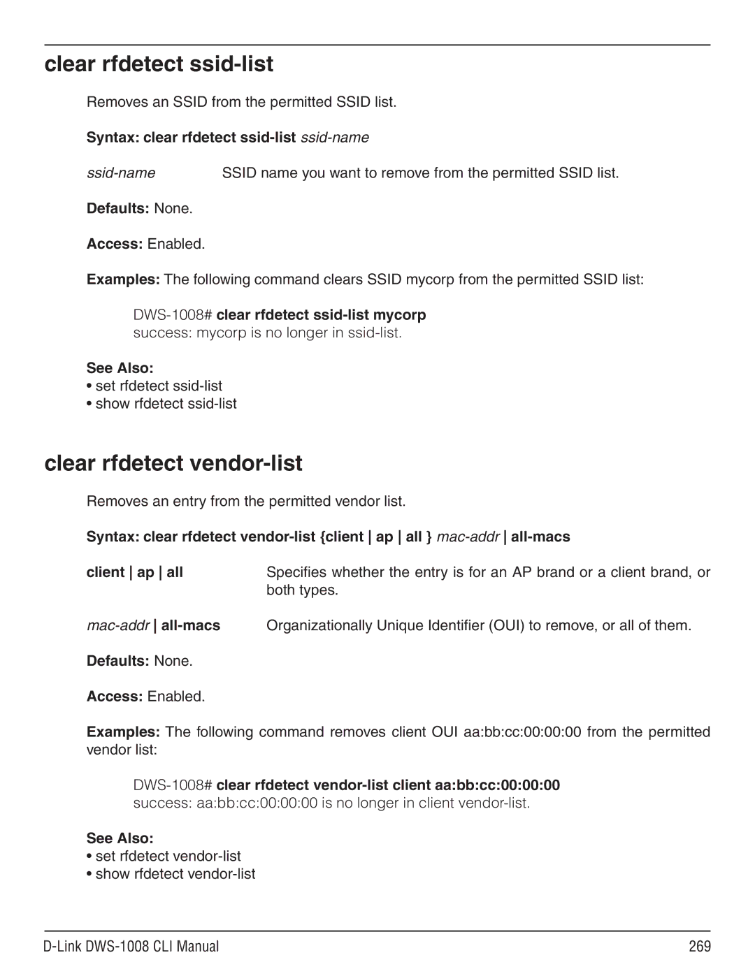 D-Link dws-1008 manual Clear rfdetect ssid-list, Clear rfdetect vendor-list, Syntax clear rfdetect ssid-list ssid-name 