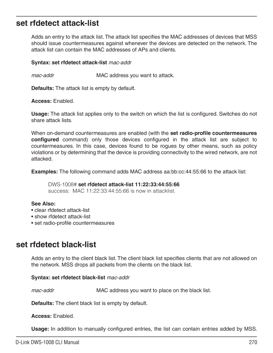 D-Link dws-1008 manual Set rfdetect attack-list, Set rfdetect black-list, Syntax set rfdetect attack-list mac-addr 