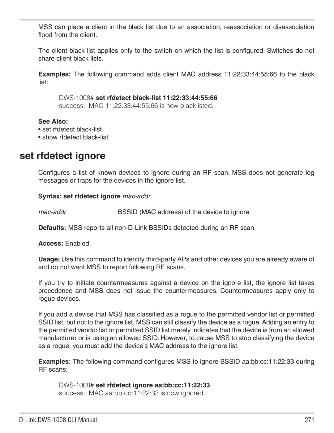 D-Link dws-1008 Set rfdetect ignore, Set rfdetect black-list Show rfdetect black-list, Syntax set rfdetect ignore mac-addr 