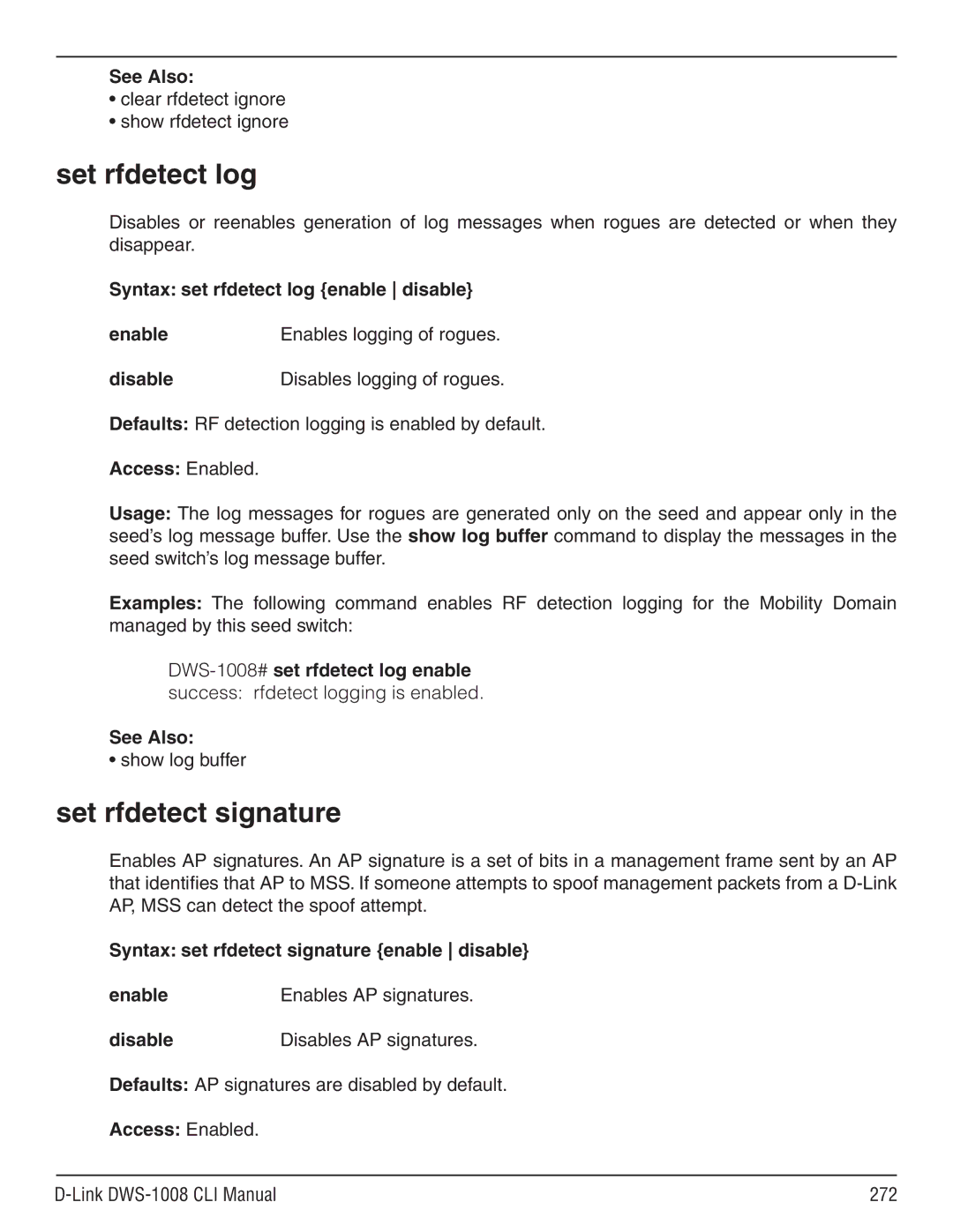 D-Link dws-1008 manual Set rfdetect log, Set rfdetect signature, Syntax set rfdetect log enable disable Enable 