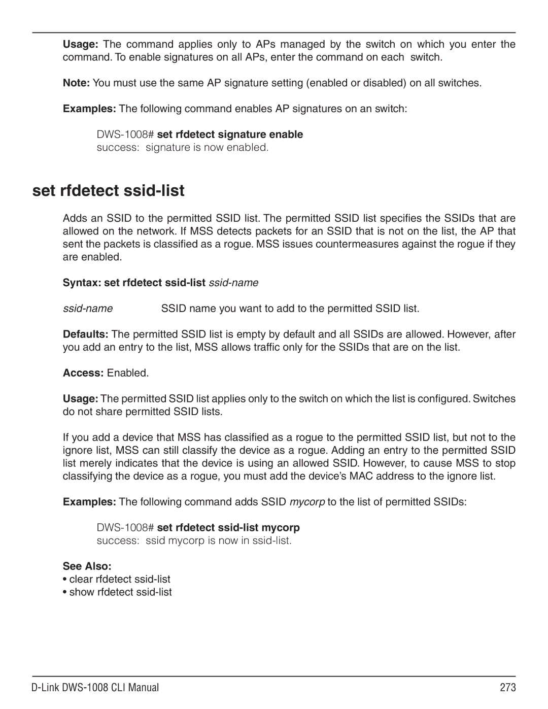 D-Link dws-1008 manual Set rfdetect ssid-list, Syntax set rfdetect ssid-list ssid-name 