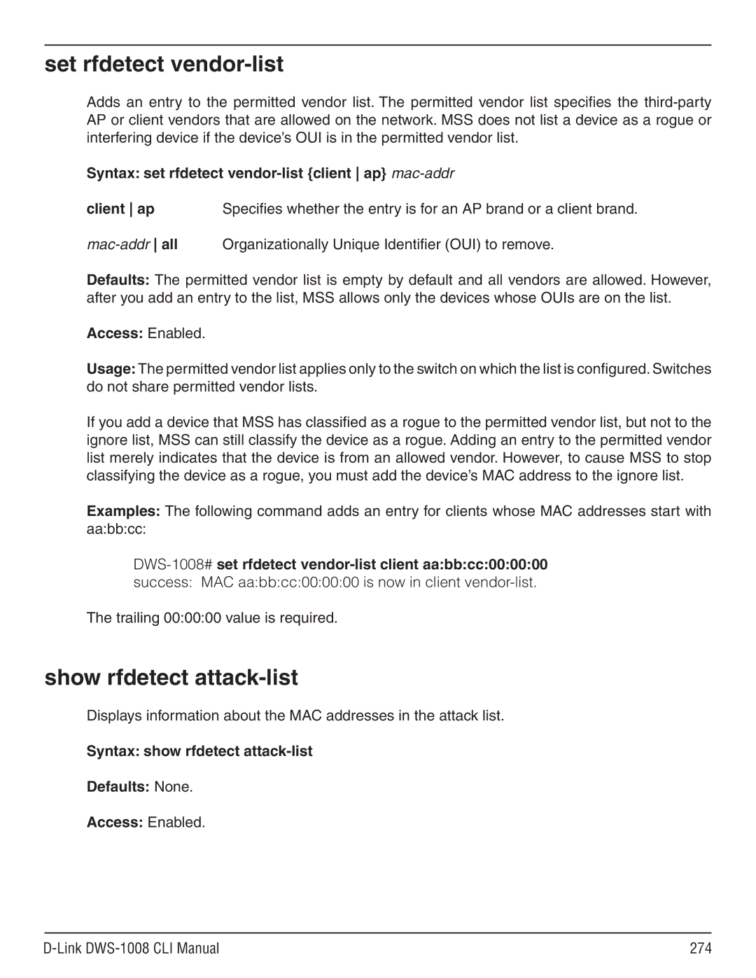 D-Link dws-1008 manual Set rfdetect vendor-list, Show rfdetect attack-list, Link DWS-1008 CLI Manual 274 