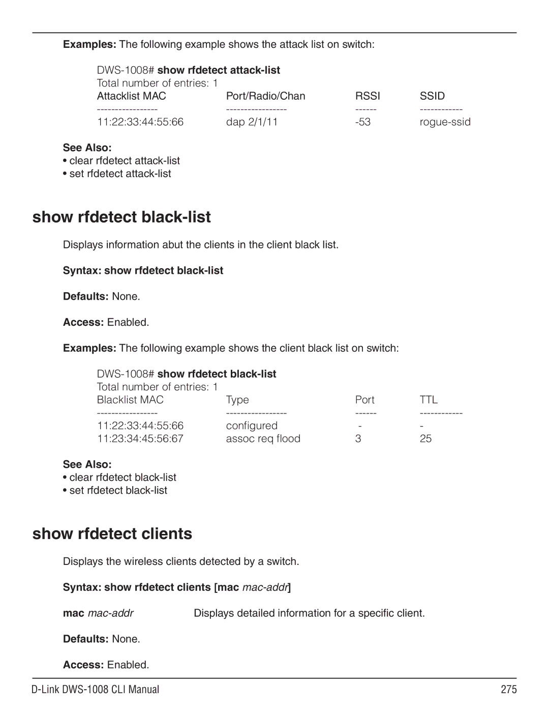 D-Link dws-1008 manual Show rfdetect black-list, Show rfdetect clients, DWS-1008# show rfdetect attack-list 