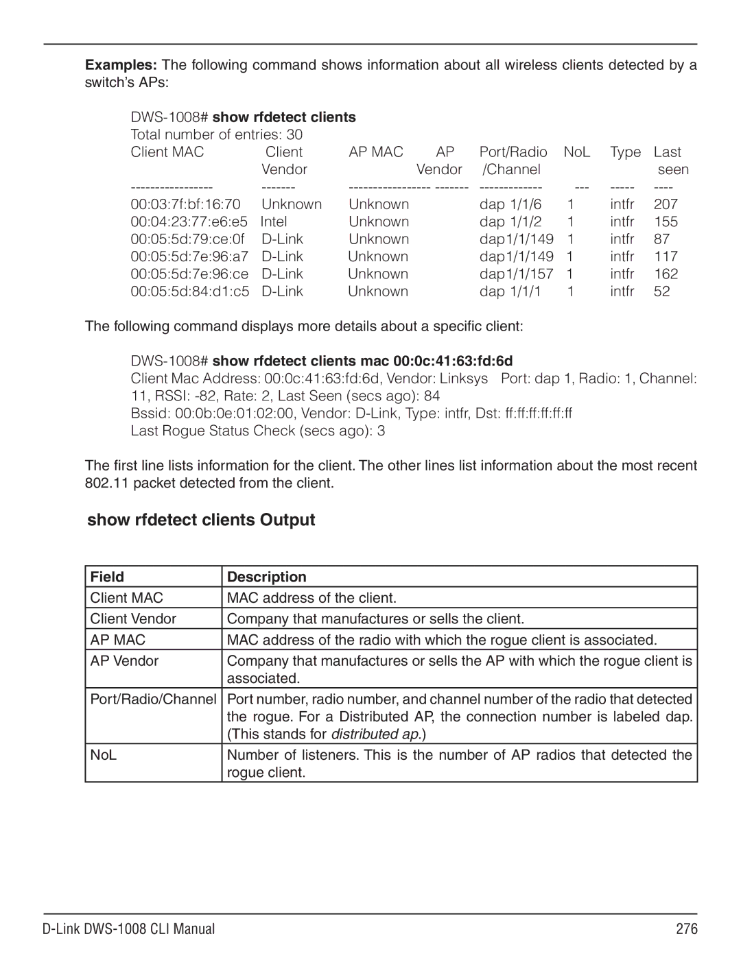 D-Link dws-1008 manual DWS-1008# show rfdetect clients, Total number of entries Client MAC, Ap Mac 