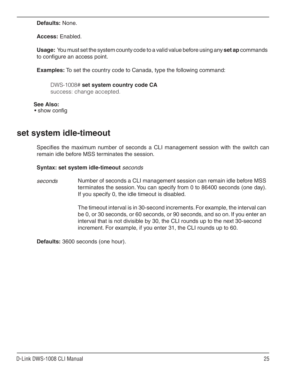 D-Link dws-1008 manual Set system idle-timeout, Syntax set system idle-timeout seconds 