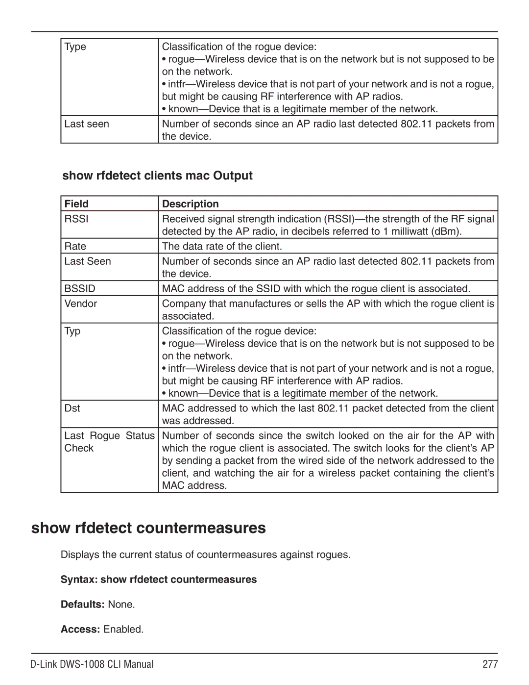 D-Link dws-1008 manual Show rfdetect countermeasures, Rssi, Bssid, Link DWS-1008 CLI Manual 277 