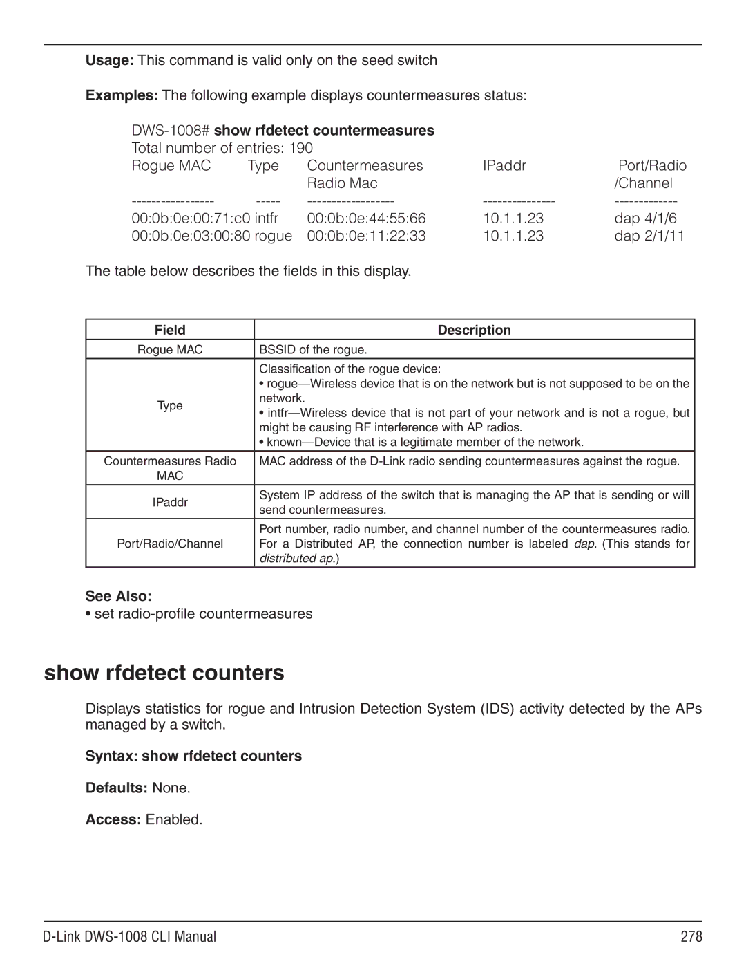 D-Link dws-1008 manual Show rfdetect counters, DWS-1008# show rfdetect countermeasures, Link DWS-1008 CLI Manual 278 