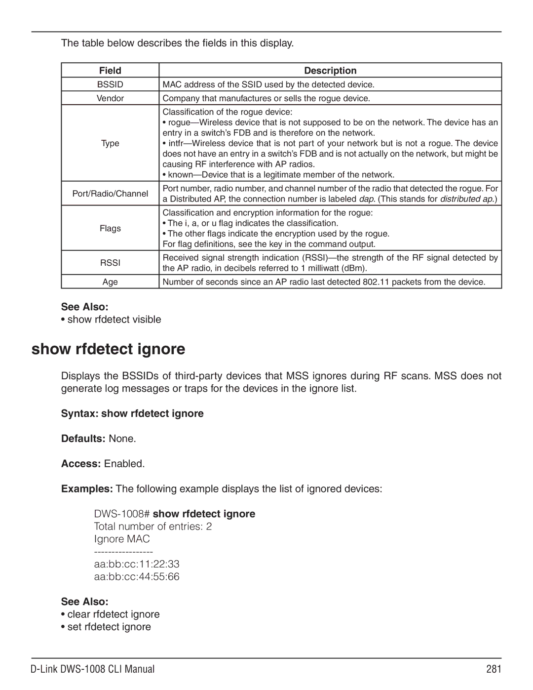 D-Link dws-1008 Show rfdetect ignore, Show rfdetect visible, Syntax show rfdetect ignore Defaults None Access Enabled 