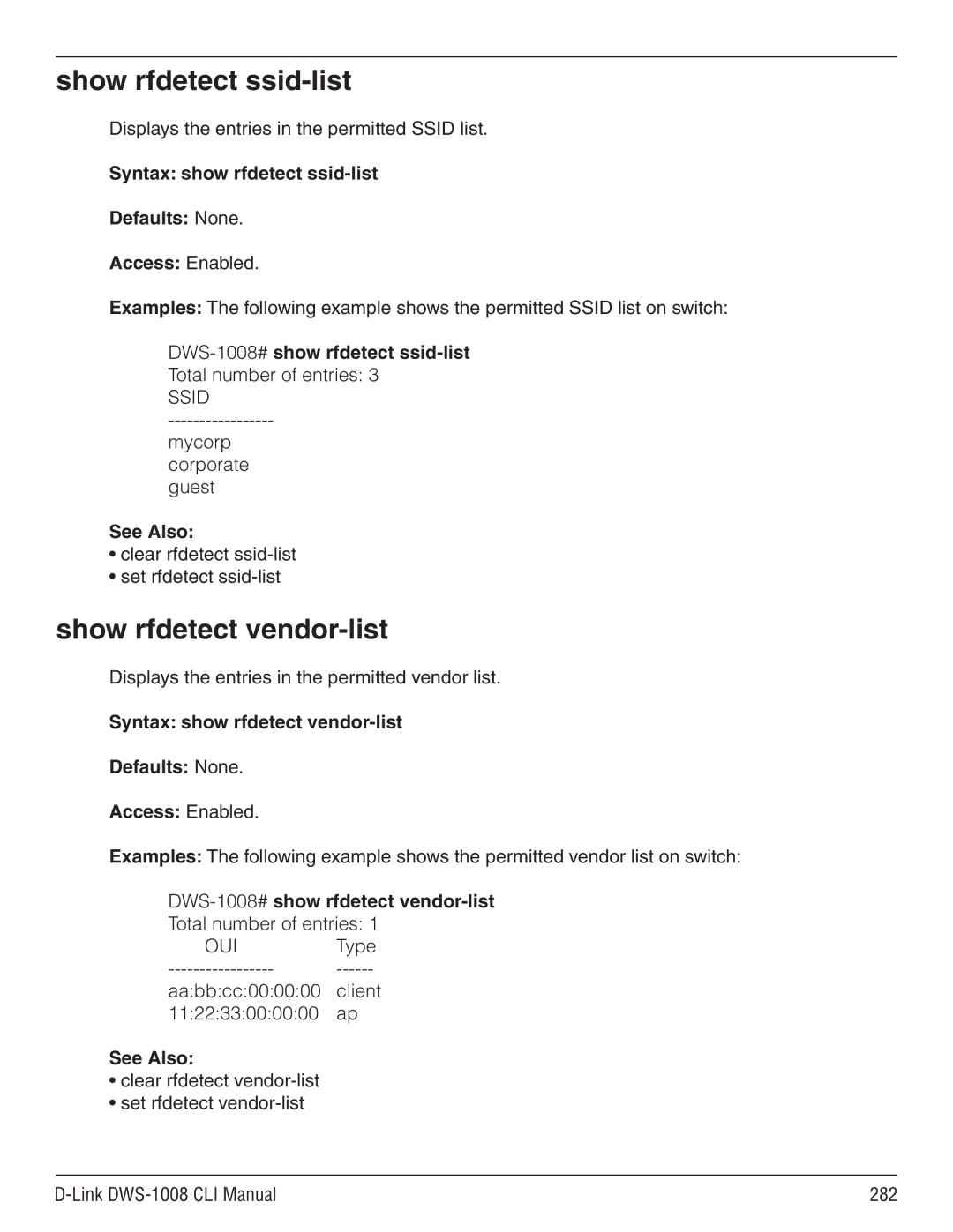 D-Link dws-1008 manual Show rfdetect ssid-list, Show rfdetect vendor-list 