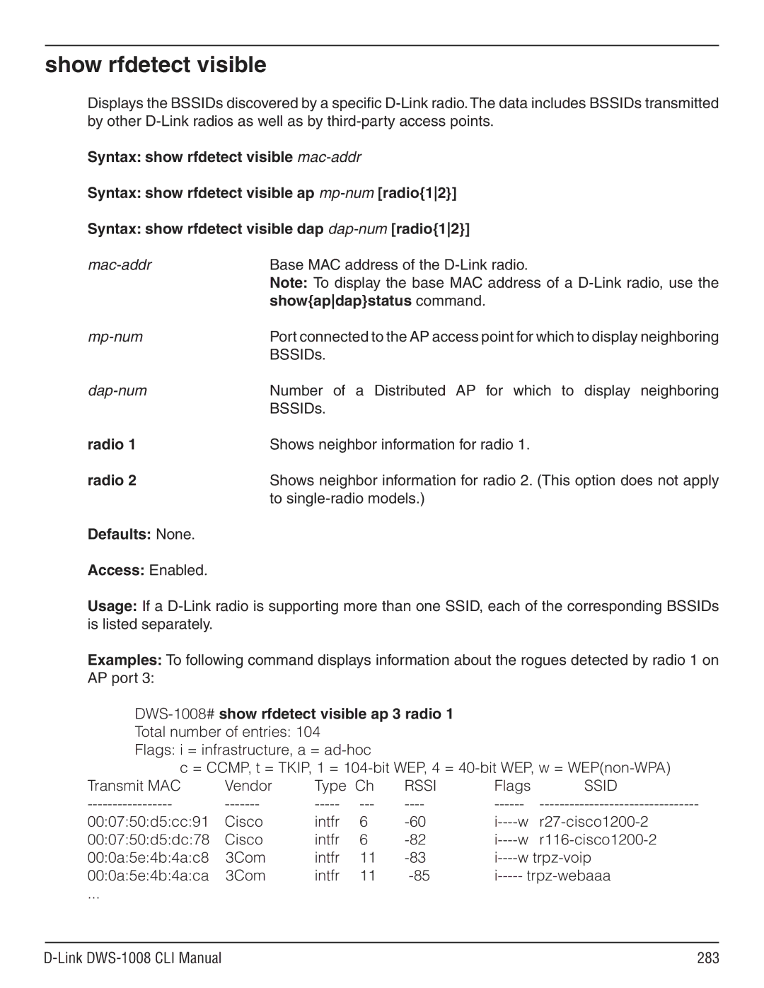 D-Link dws-1008 manual Show rfdetect visible, Showapdapstatus command, Radio 