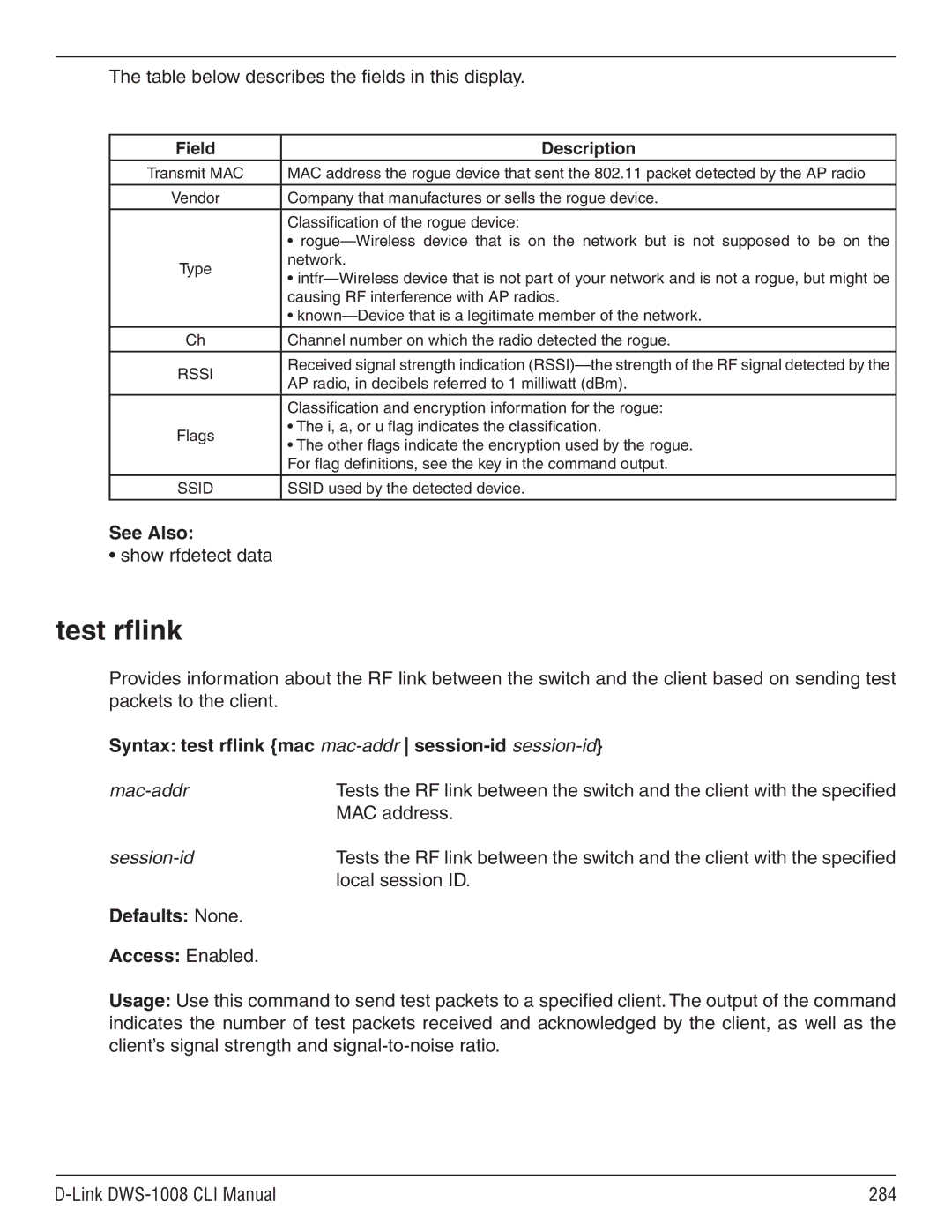 D-Link dws-1008 manual Test rflink, Show rfdetect data, Syntax test rflink mac mac-addr session-id session-id 