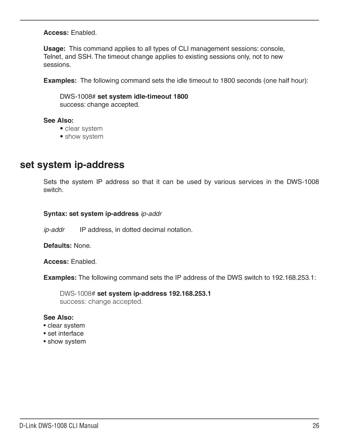 D-Link dws-1008 manual Set system ip-address, Clear system Show system, Syntax set system ip-address ip-addr 