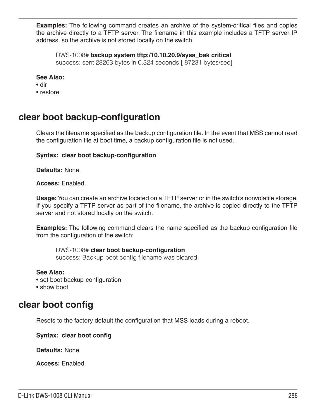 D-Link dws-1008 Clear boot backup-configuration, Clear boot config, Syntax clear boot config Defaults None Access Enabled 