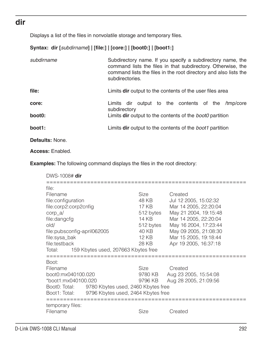 D-Link dws-1008 manual Dir, File, Core, Boot0, Boot1 