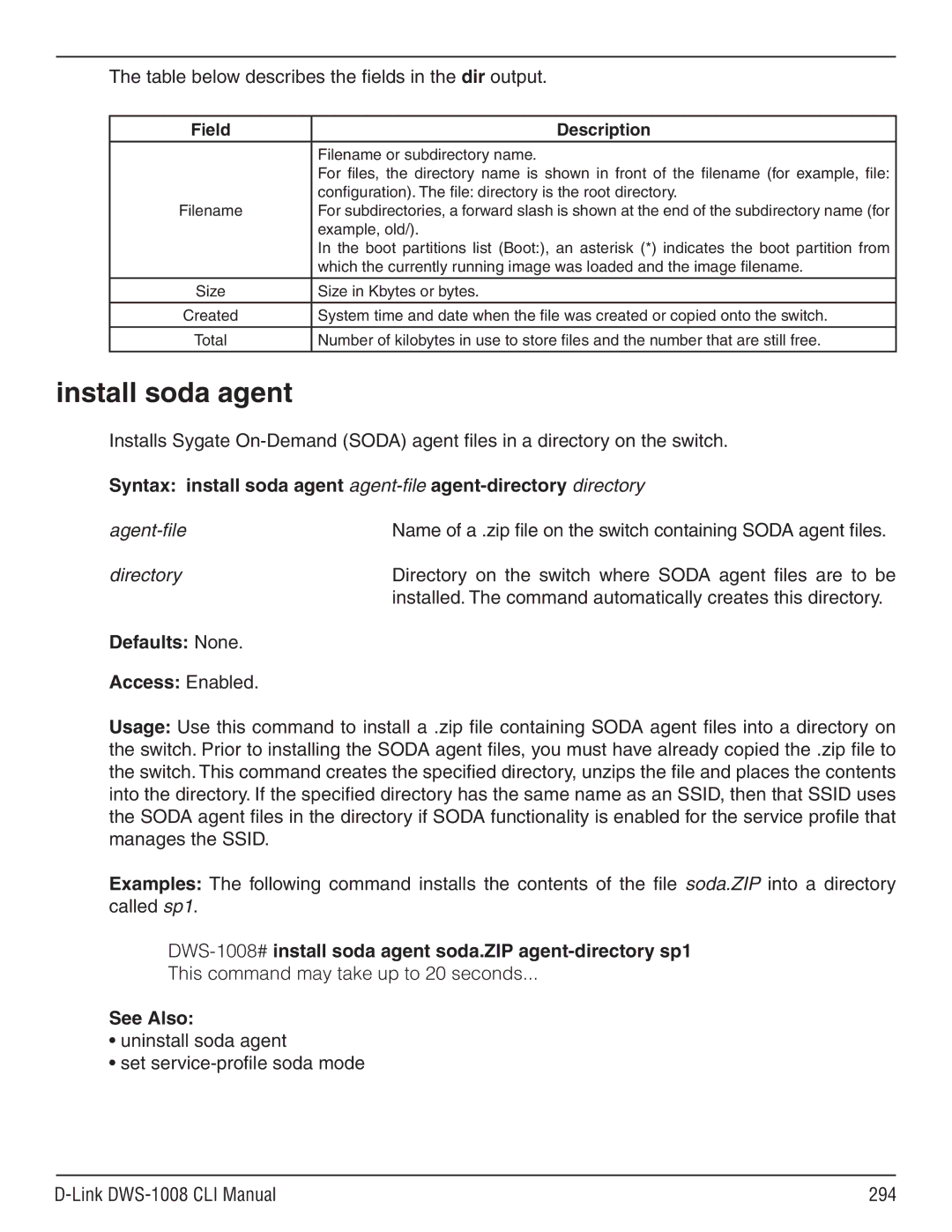 D-Link dws-1008 manual Install soda agent, Table below describes the fields in the dir output 