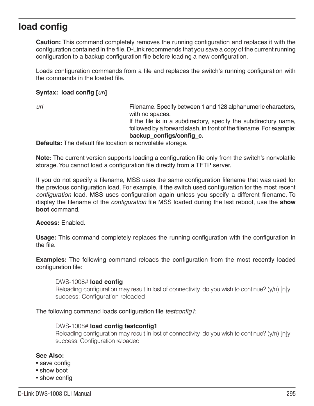 D-Link dws-1008 manual Load config, Syntax load config url, Backupconfigs/configc, DWS-1008#load config 