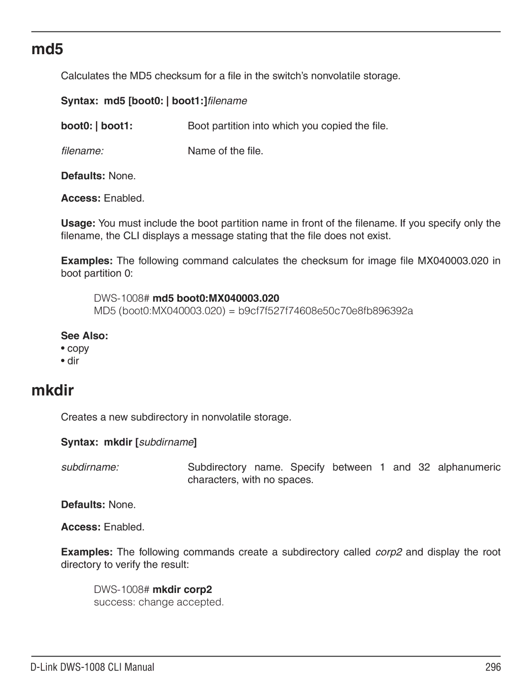 D-Link dws-1008 manual Md5, Mkdir, Syntax md5 boot0 boot1filename, DWS-1008#md5 boot0MX040003.020, Syntax mkdir subdirname 