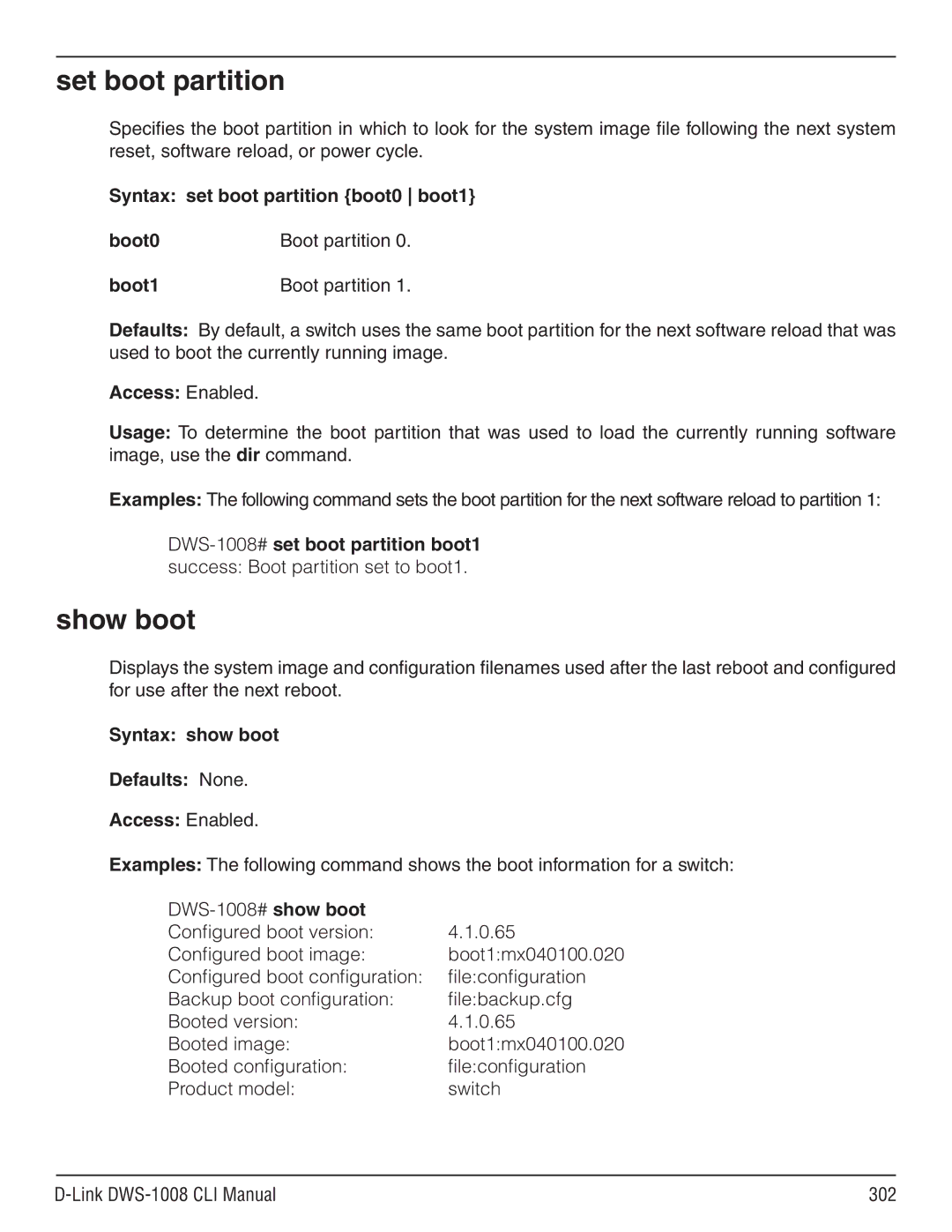 D-Link dws-1008 manual Set boot partition, Show boot, Syntax set boot partition boot0 boot1 Boot0, Boot1 