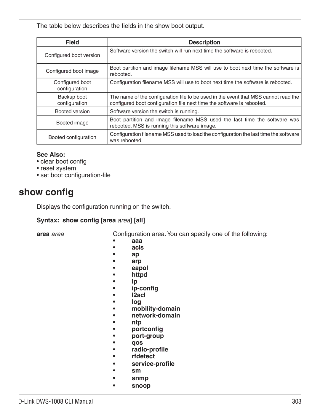 D-Link dws-1008 manual Show config, Table below describes the fields in the show boot output 