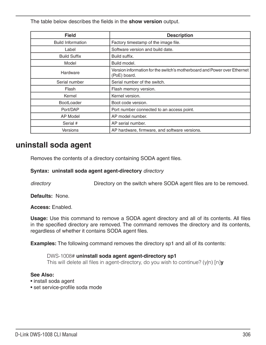 D-Link dws-1008 manual Uninstall soda agent, Table below describes the fields in the show version output 