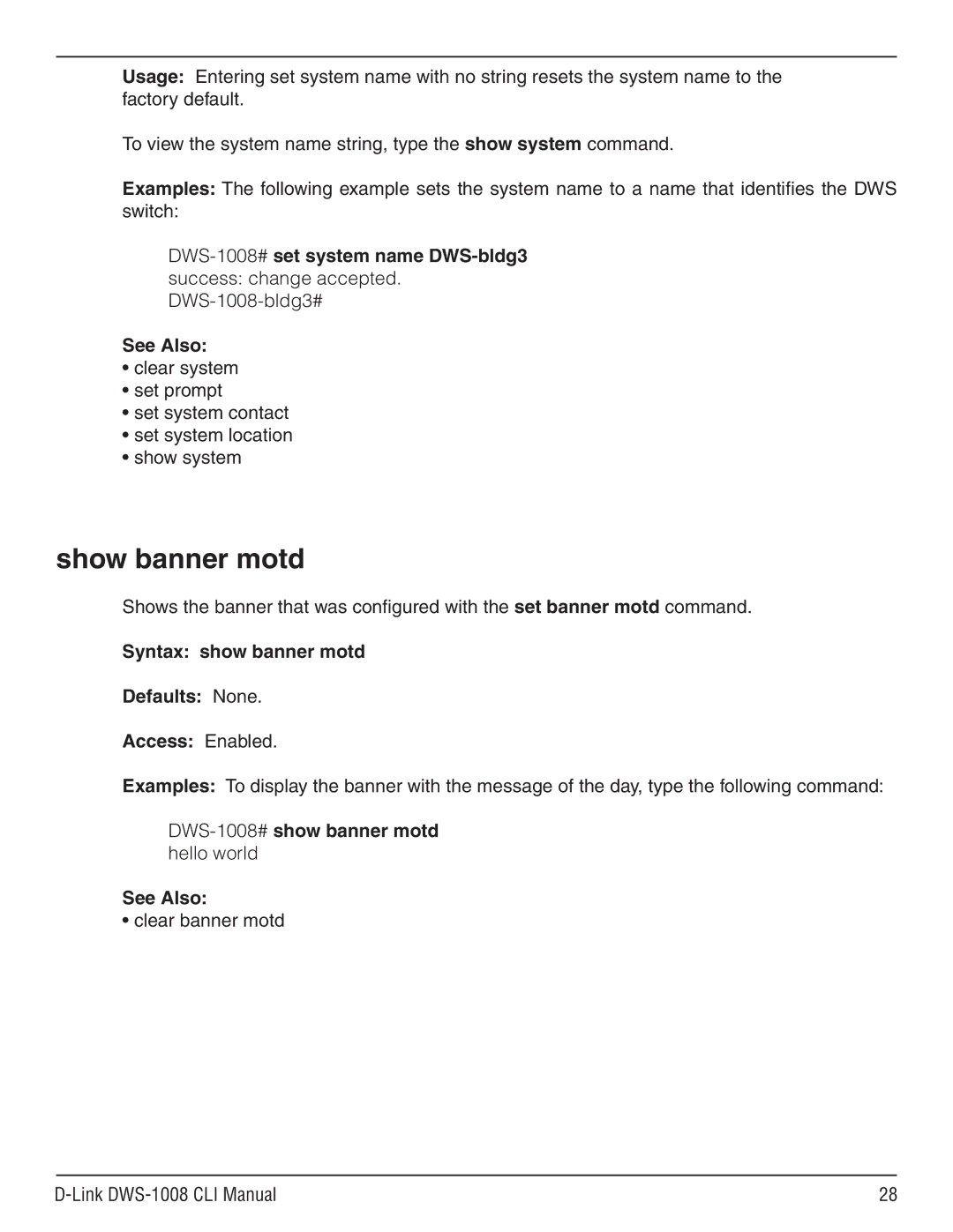 D-Link dws-1008 manual Show banner motd, Syntax show banner motd Defaults None Access Enabled 