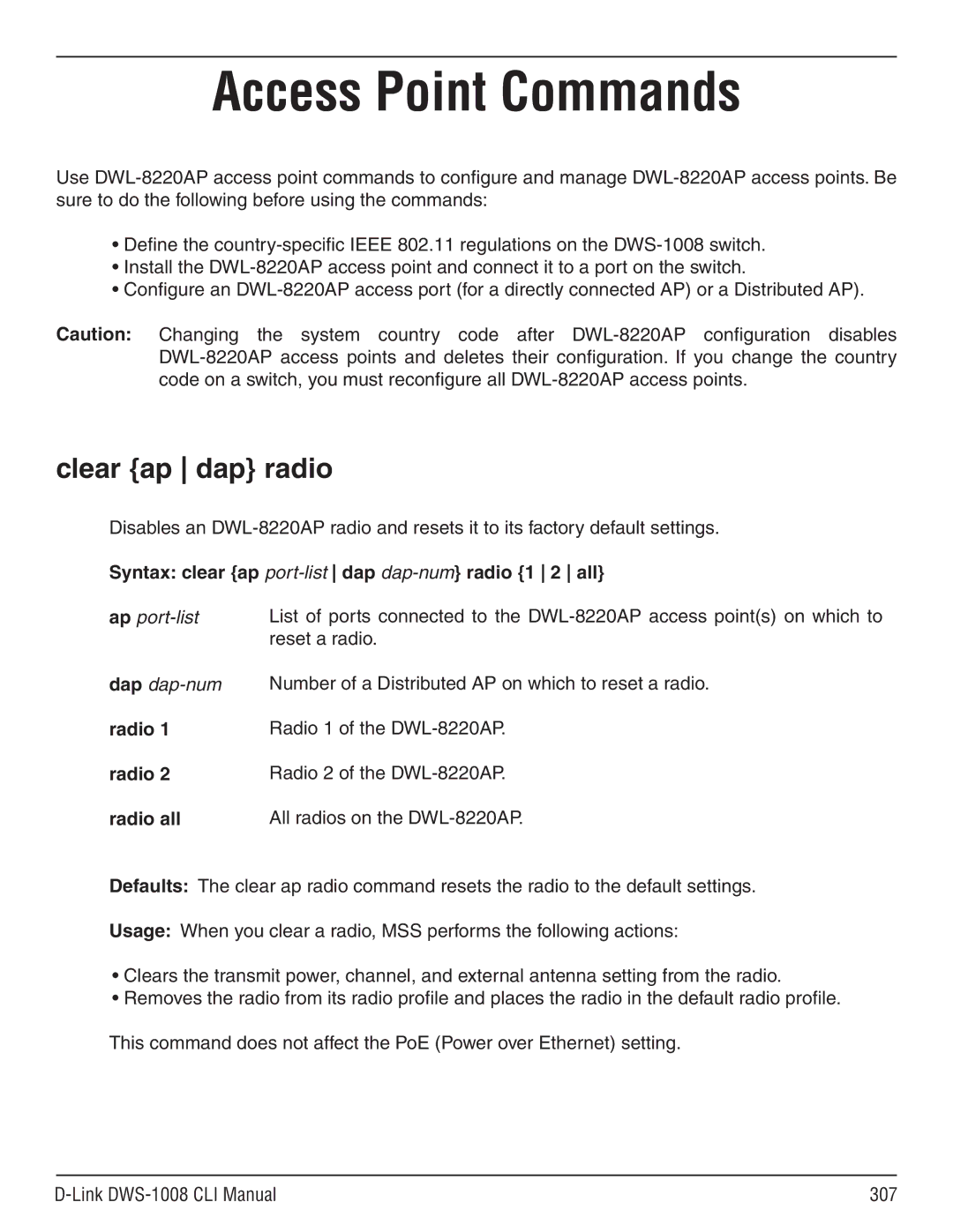 D-Link dws-1008 manual Access Point Commands, Clear ap dap radio 