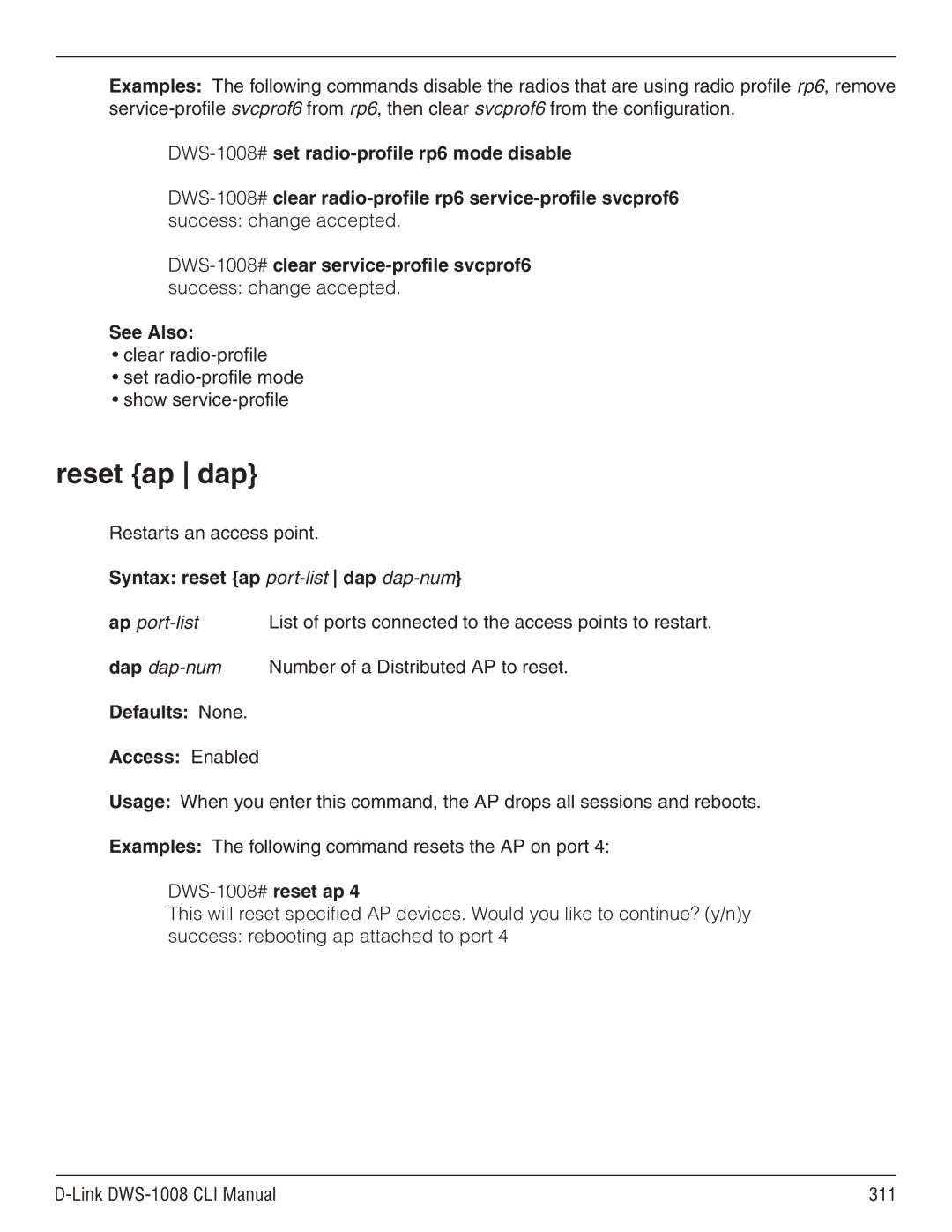 D-Link dws-1008 manual Reset ap dap, DWS-1008#set radio-profile rp6 mode disable, Restarts an access point 