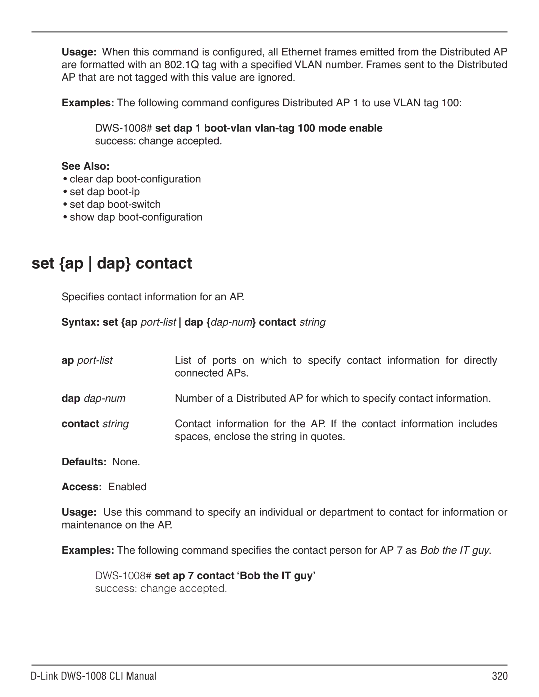 D-Link dws-1008 manual Set ap dap contact, Specifies contact information for an AP, Contact string 