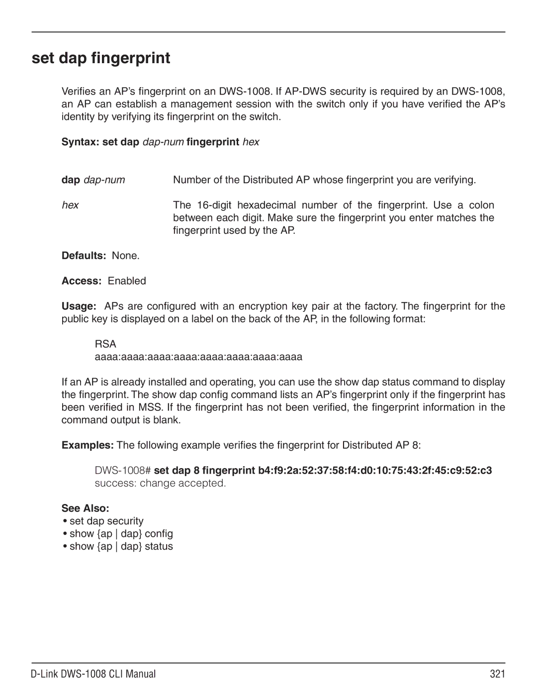 D-Link dws-1008 manual Set dap fingerprint, Syntax set dap dap-numfingerprint hex 