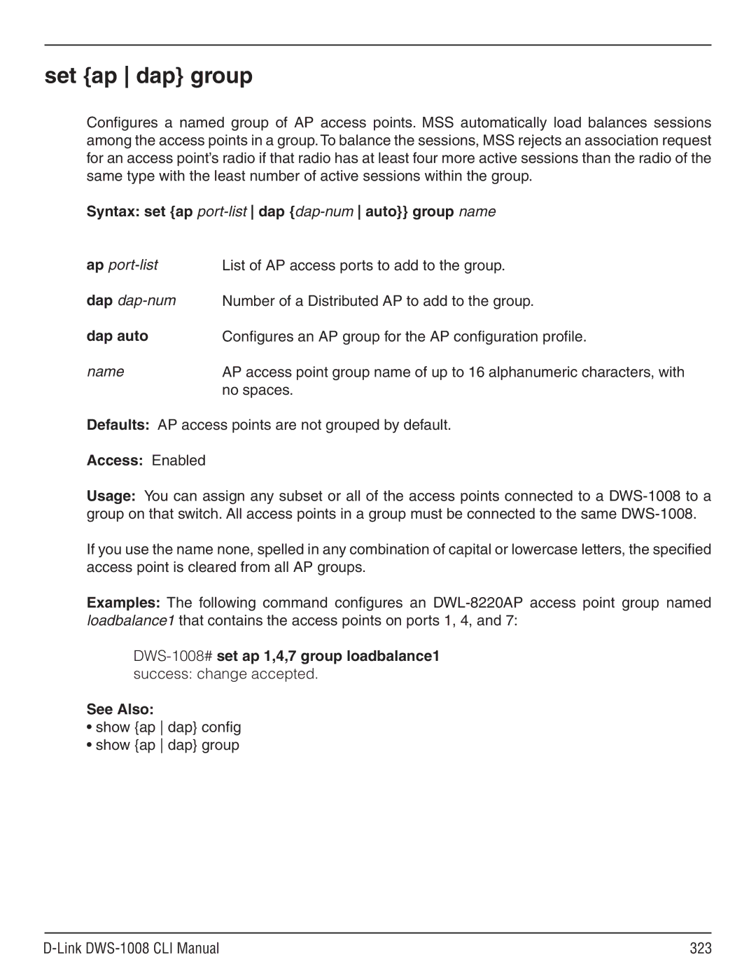 D-Link dws-1008 Set ap dap group, Syntax set ap port-list dap dap-num auto group name, Ap port-list dap dap-num dap auto 