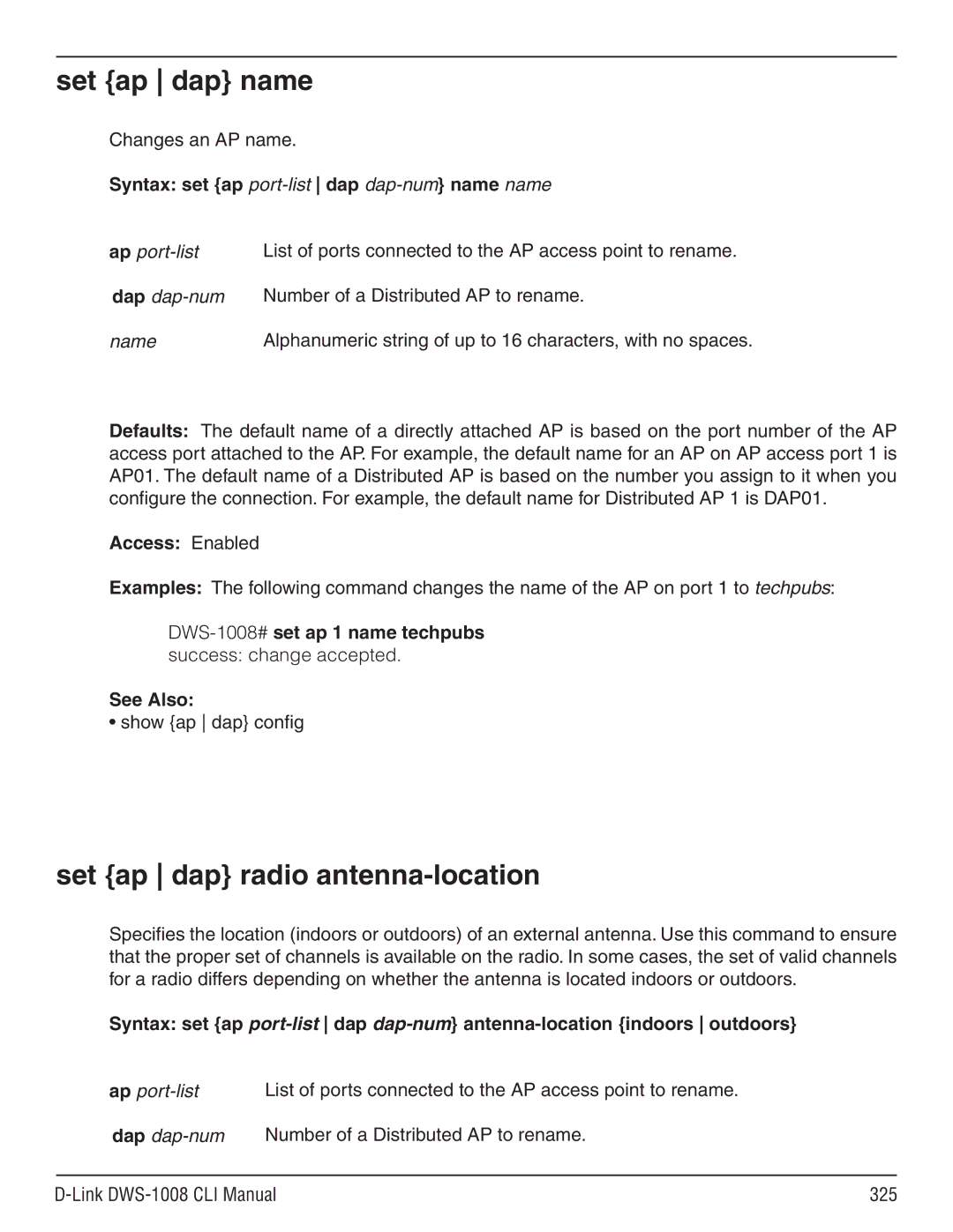 D-Link dws-1008 manual Set ap dap name, Set ap dap radio antenna-location, Syntax set ap port-list dap dap-num name name 