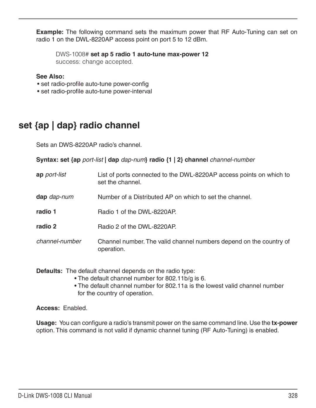 D-Link dws-1008 Set ap dap radio channel, Sets an DWS-8220AP radio’s channel, Dap dap-num radio 1 radio Channel-number 