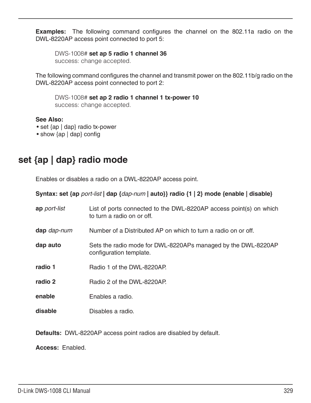 D-Link dws-1008 manual Set ap dap radio mode, Dap dap-num dap auto, Radio 1 radio 2 enable disable 