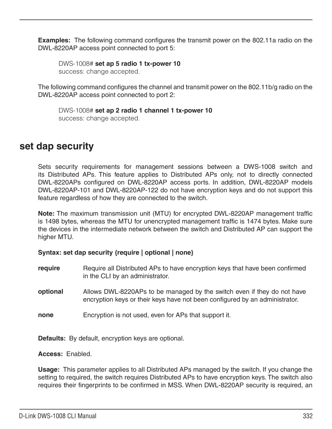 D-Link dws-1008 manual Set dap security, Defaults By default, encryption keys are optional 