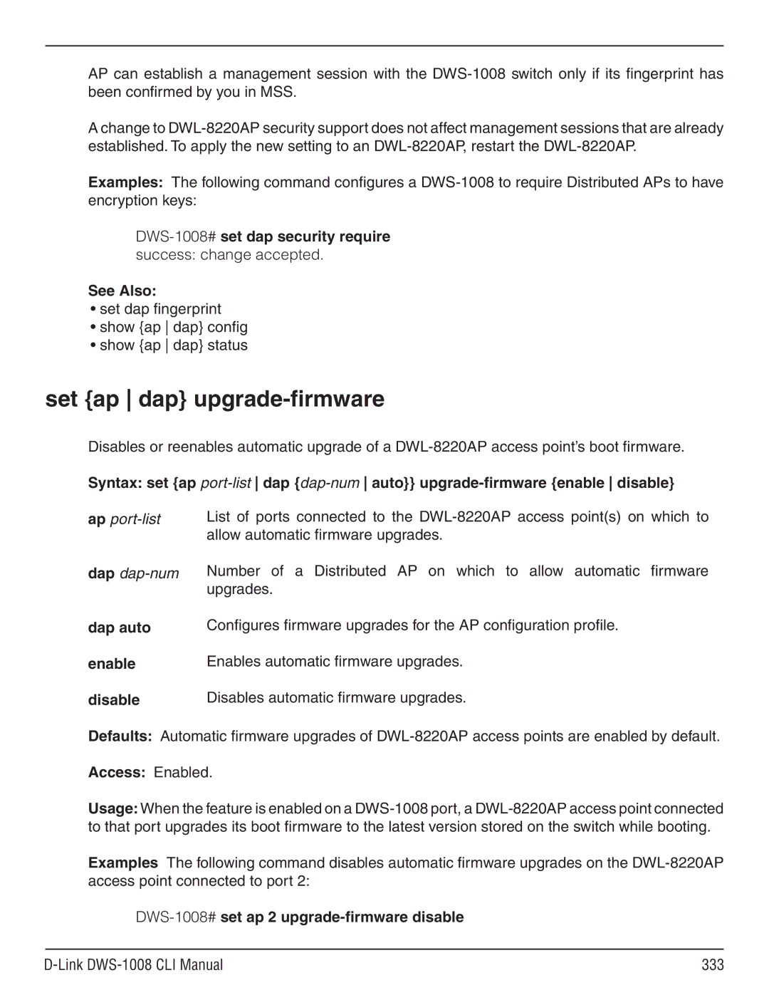 D-Link dws-1008 manual Set ap dap upgrade-firmware, Set dap fingerprint Show ap dap config Show ap dap status 
