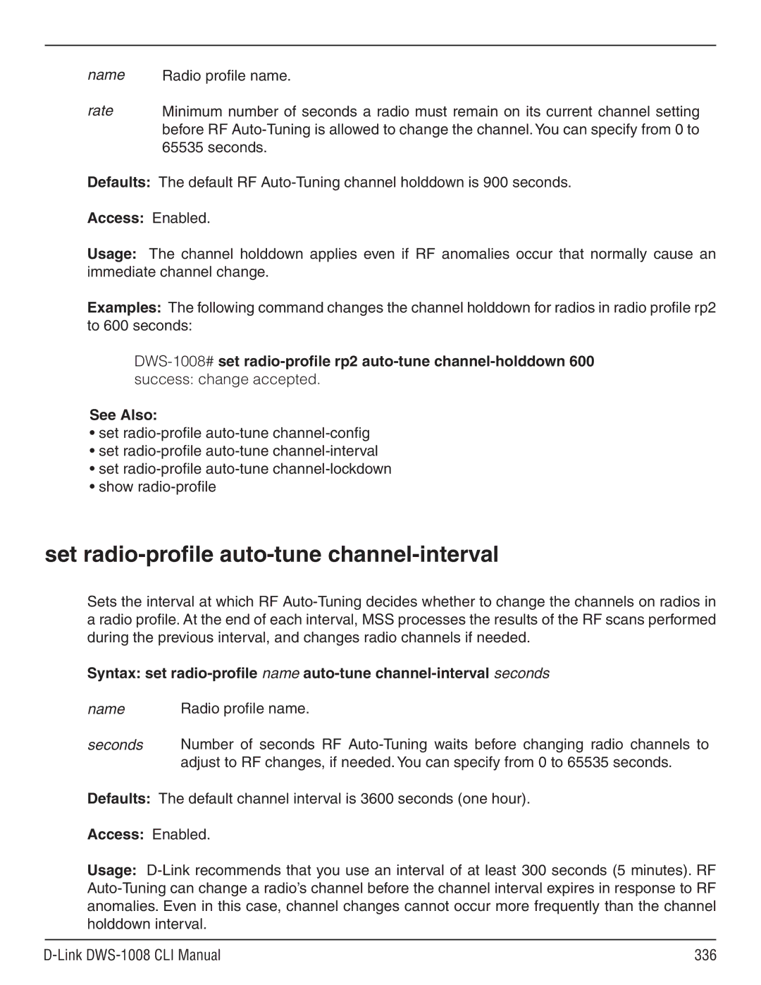 D-Link dws-1008 manual Set radio-profile auto-tune channel-interval, Name Rate, Name Radio profile name 